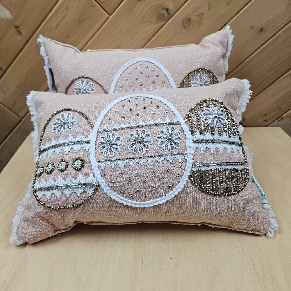 2 Bunny Boulevard Pastel Pink Easter Egg 14in Beaded Toss Pillows Easter Pink